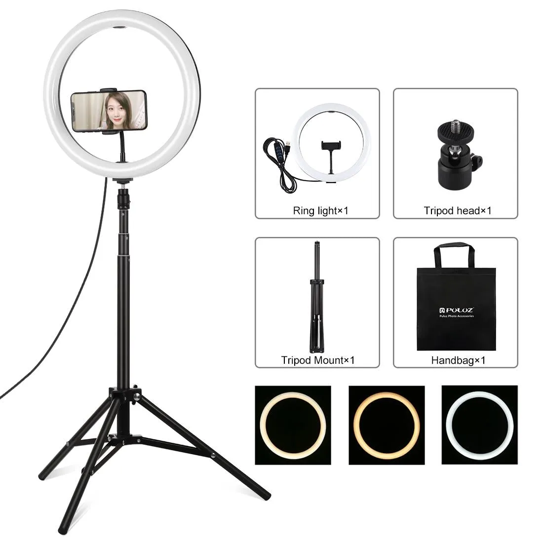 11.8" LED Ring Light with Tripod and Phone Clamp | 3 Modes | Dual Colour Temperature Dimmable | Black